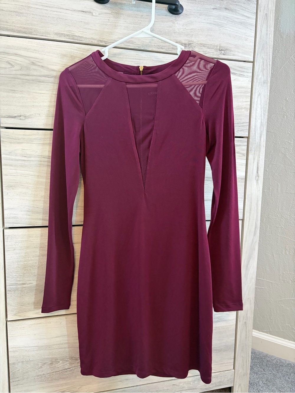 Express Long Sleeve Plunge Dress in Wine